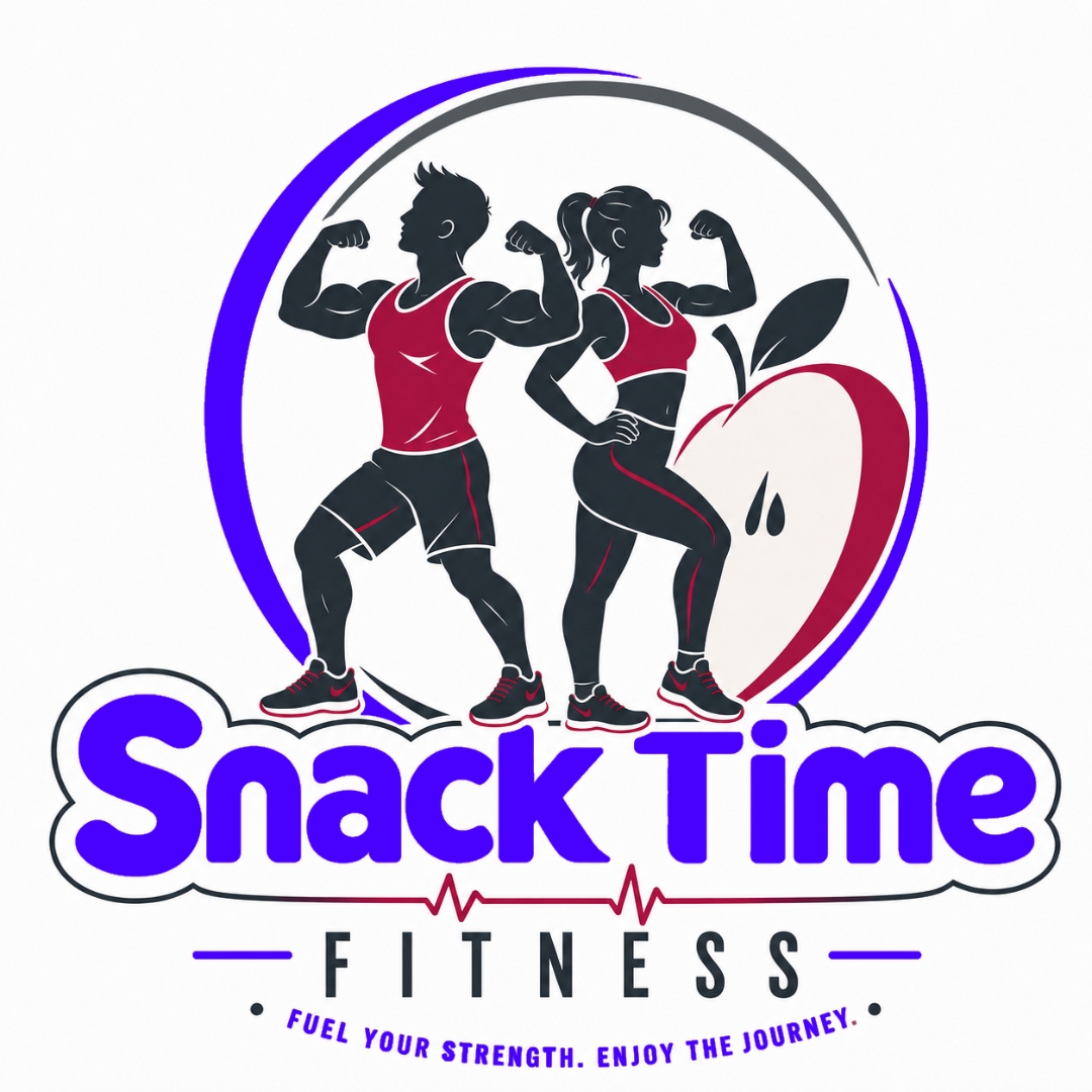Snack Time Fitness logo featuring athletes, an apple icon, and purple-red branding